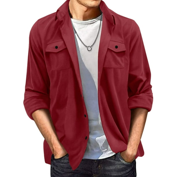 Blusa y camisa de manga larga con cuello vuelto para hombre, de gamuza, con solapa, botones y bolsillo, informal, de manga larga, sin capucha, para hombre