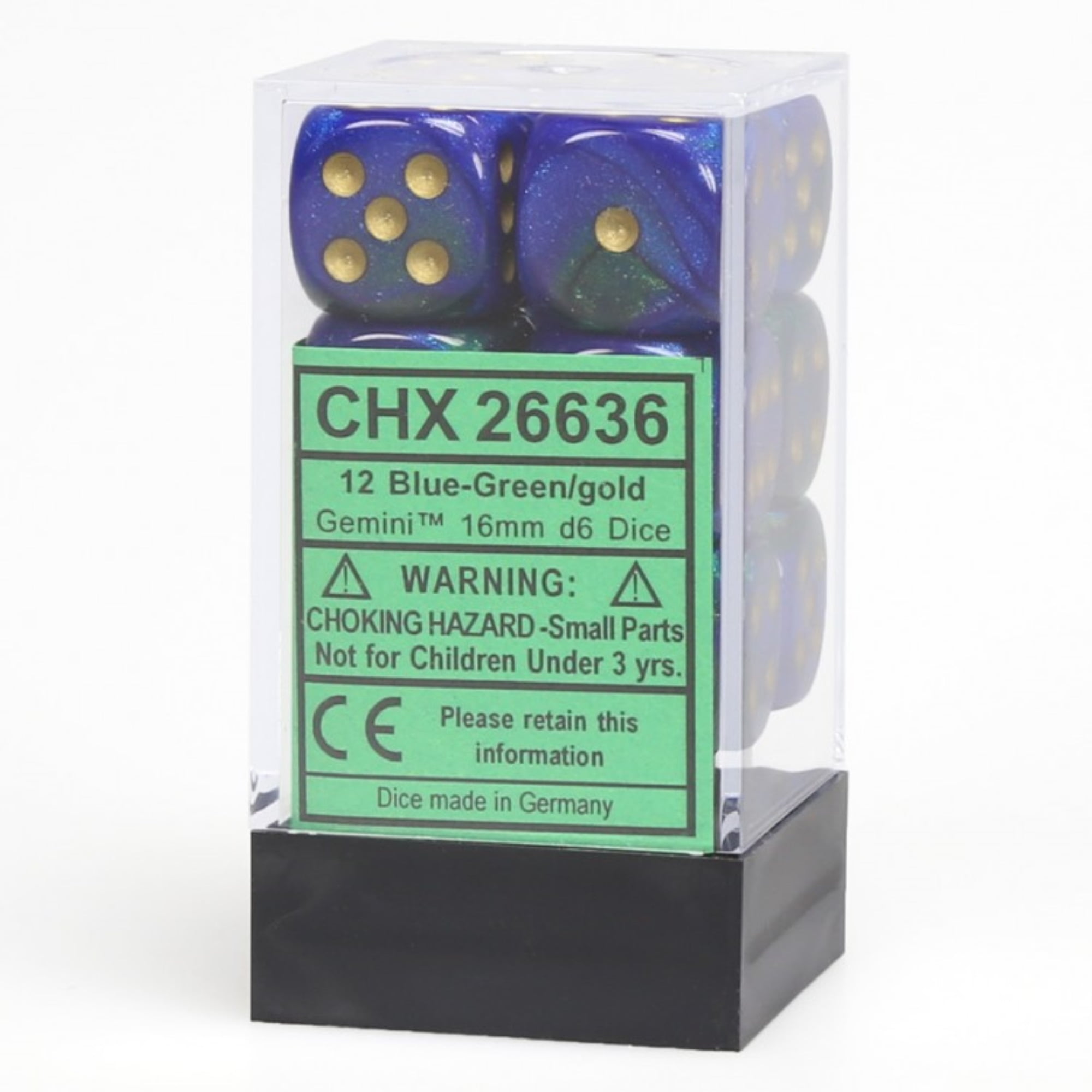 Gold Gemini 16mm d6 12 Die Set CHX 26636 Chessex Dice Sets Blue Green 