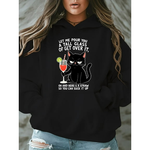 Let Me Pour You s Women's Plus Size Hooded Sweatshirt - Funny Sassy Quote & Black Cat Graphic Print, Vibrant Pink Casual Pullover with Pockets, Cozy Fall Winter Long Sleeve Hoodie, Sweaters for s, Au