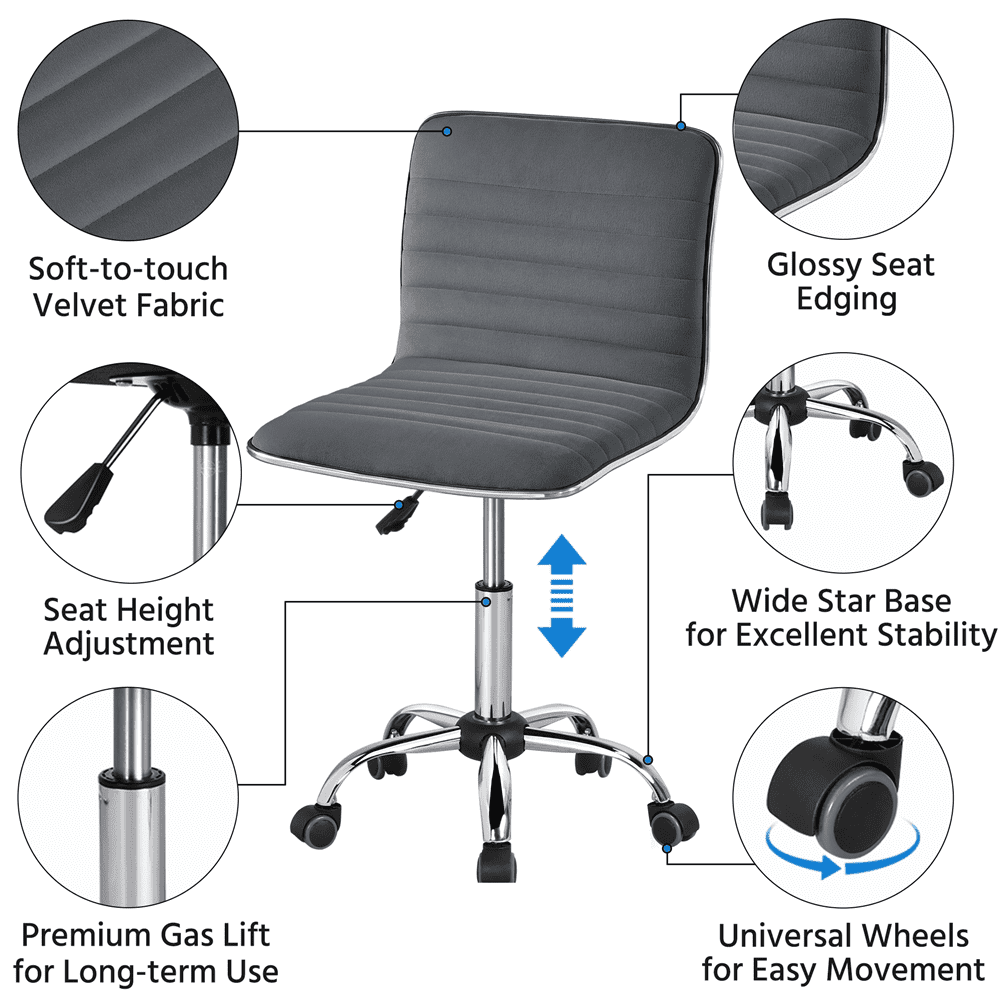 Yaheetech Velvet Low Back Armless Office Chair with Wheels, Dark Gray