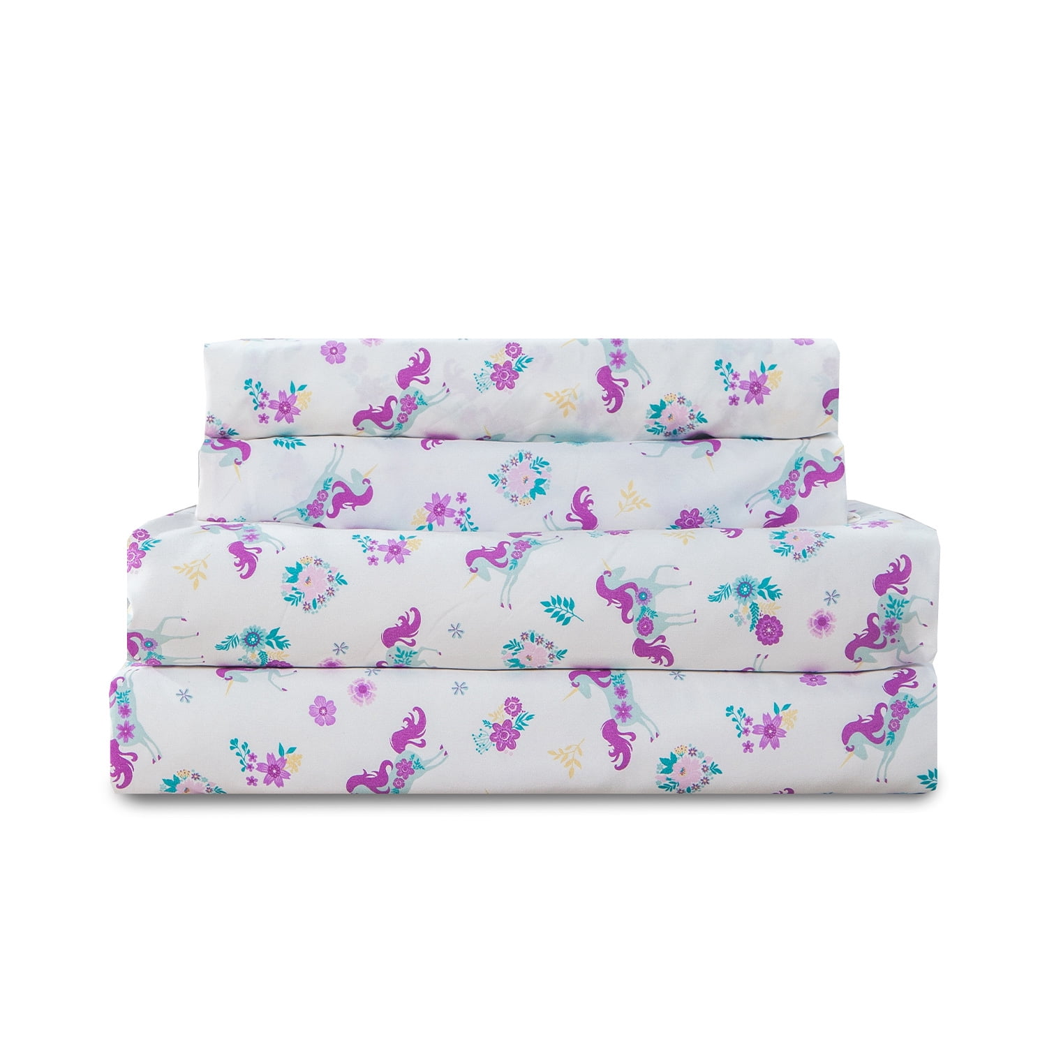 Aubrie Home Accents 3-Piece Twin Floral Navy Unicorn Bed Sheet Set Deep Pocket Microfiber Bedding, Pink Purple Teal