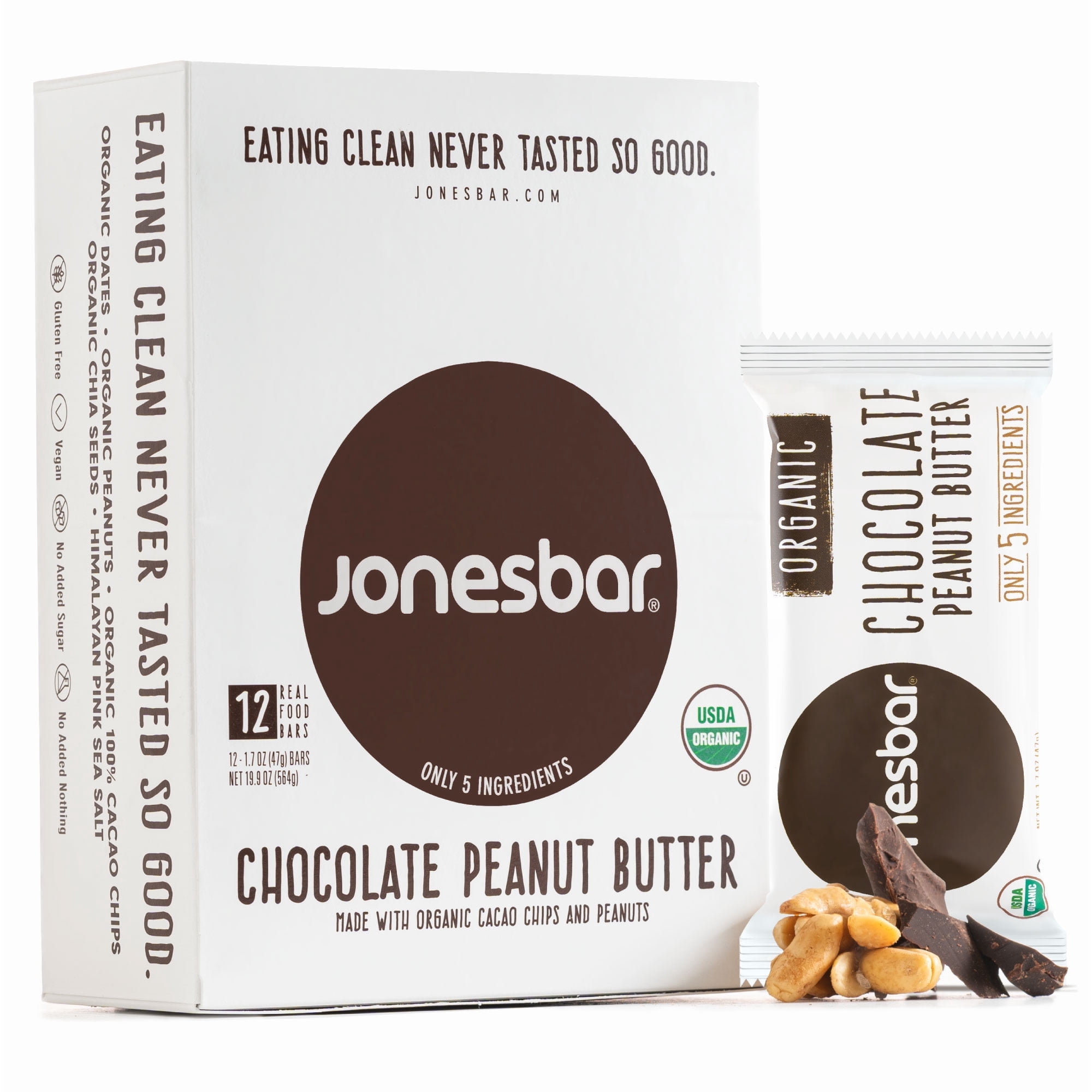 Jonesbar Chocolate Peanut Butter Snack Bars, Plant-Based Protein, Vegan Protein Bar, Organic, Kosher, Gluten-Free, Vegan, 12 Count