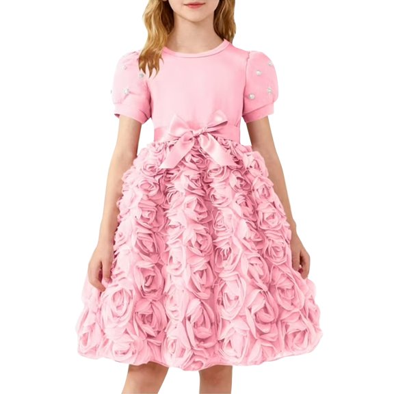 CPNG Girls Dress Pearl Puff Short Sleeve Crewneck Princess Dresses Cute Bow Tulle Gown Wedding Birthday Dress