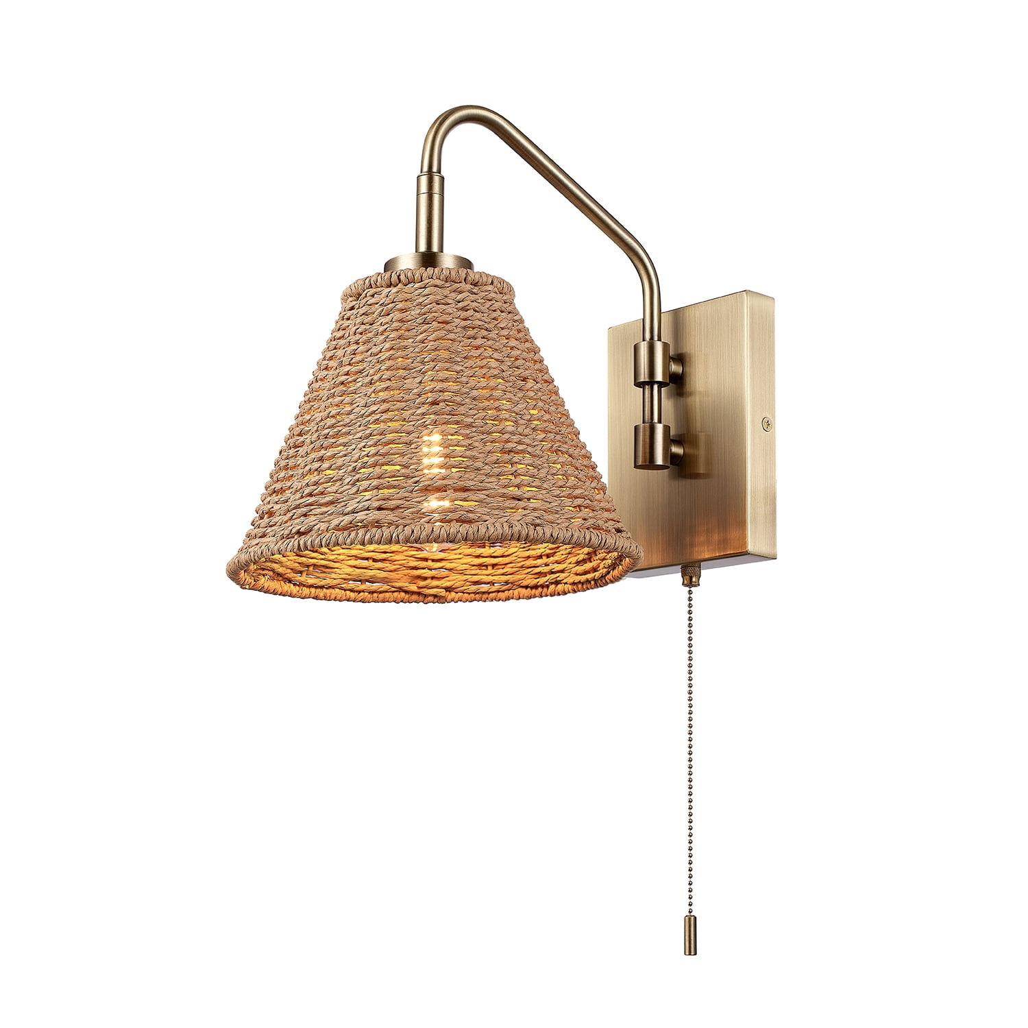 Novogratz x Globe Electric 1-Light Matte Brass Rattan Indoor Wall Sconce with Pull Chain Switch, No Battery Required