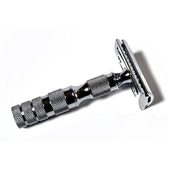 Classic Samurai Travel Double Edge Safety Razor Chrome Plated with Genuine Leather Case and 5 Blades Pack