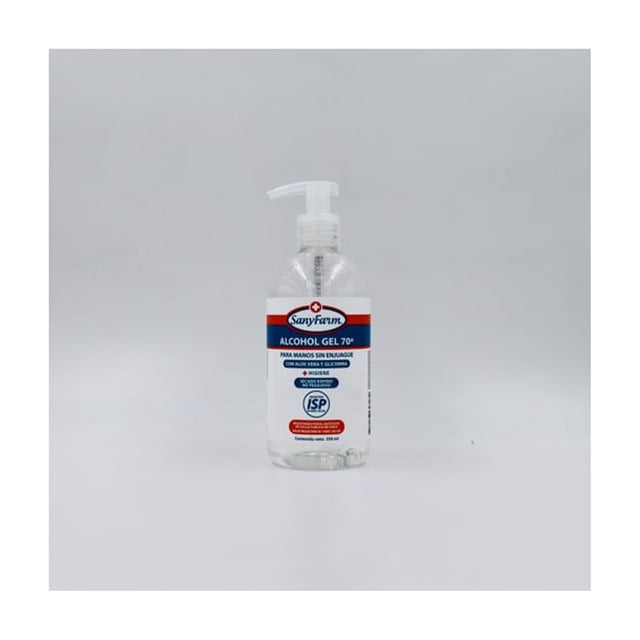 gel de alcohol microfiltrado 70º 350 ml con aloe vera y glicerina Frasco transparente de 350 ml, vista frontal centrada con dosificador pump; gel claro en el interior, etiqueta blanca con banda roja y azul que muestra "Alcohol Gel 70°" y sello ISP; para manos sin enjuague y secado rápido; fondo neutro blanco; también adecuado para llevar en bolso o mochila para uso en desplazamientos.