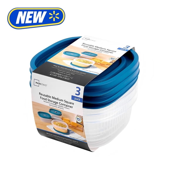 Mainstays Reusable Food Storage Container, Medium Square, Plastic, 3-Pack, 3 Containers with Lids, 5-Cup, Ideal for Meal Planning and Portion Control
