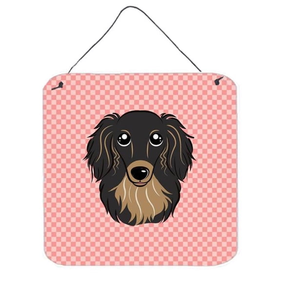 Checkerboard Pink Longhair Black And Tan Dachshund Aluminum Metal Wall Or Door Hanging Prints, 6 x 6 In.