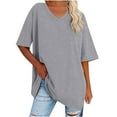 thumbnail image 2 of Otntypg Womens Oversized Tshirts Trendy Solid Color Summer V Neck Tee Shirts Half Sleeve Loose Fit T Shirt Cotton Tunic Tops Gray M, 2 of 7