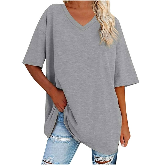 Plebaso T-Shirts Oversize pour Femmes Col en V Manches Mi-Longues Tee-Shirts Décontractés Confortables Tops Amples pour Femmes