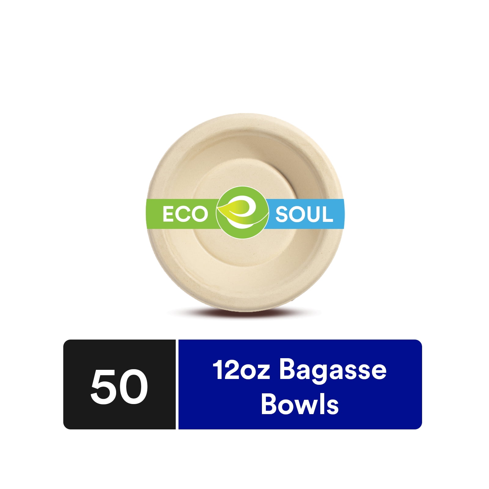 EcoSoul Compostable Plant Based 12 Oz Bagasse Bowls, 50 Count