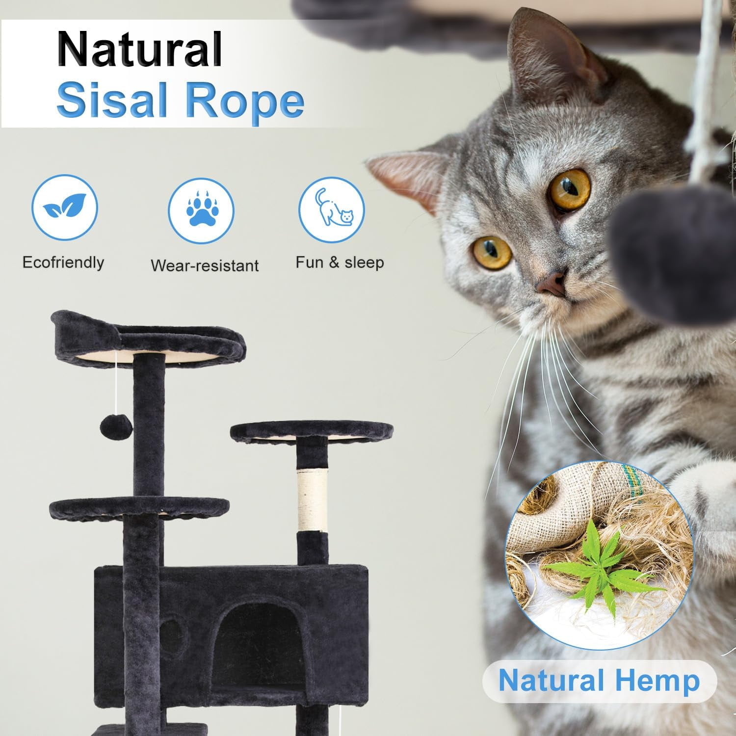 Bestpet 54 in Dark Gray Cat Tree Tower with Scratch Posts Condo and Toys for Active Cats