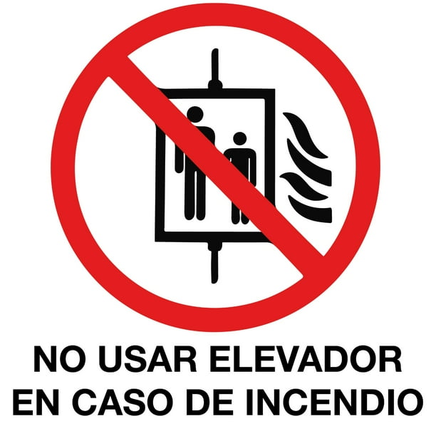 Señalamiento de protección civil: "No usar elevador en caso de incendio", blanco y rojo. Plástico estireno calibre 40, medidas: 20 x 20 cm, ideal para interiores. Letrero, Señal preventiva cuadrada.