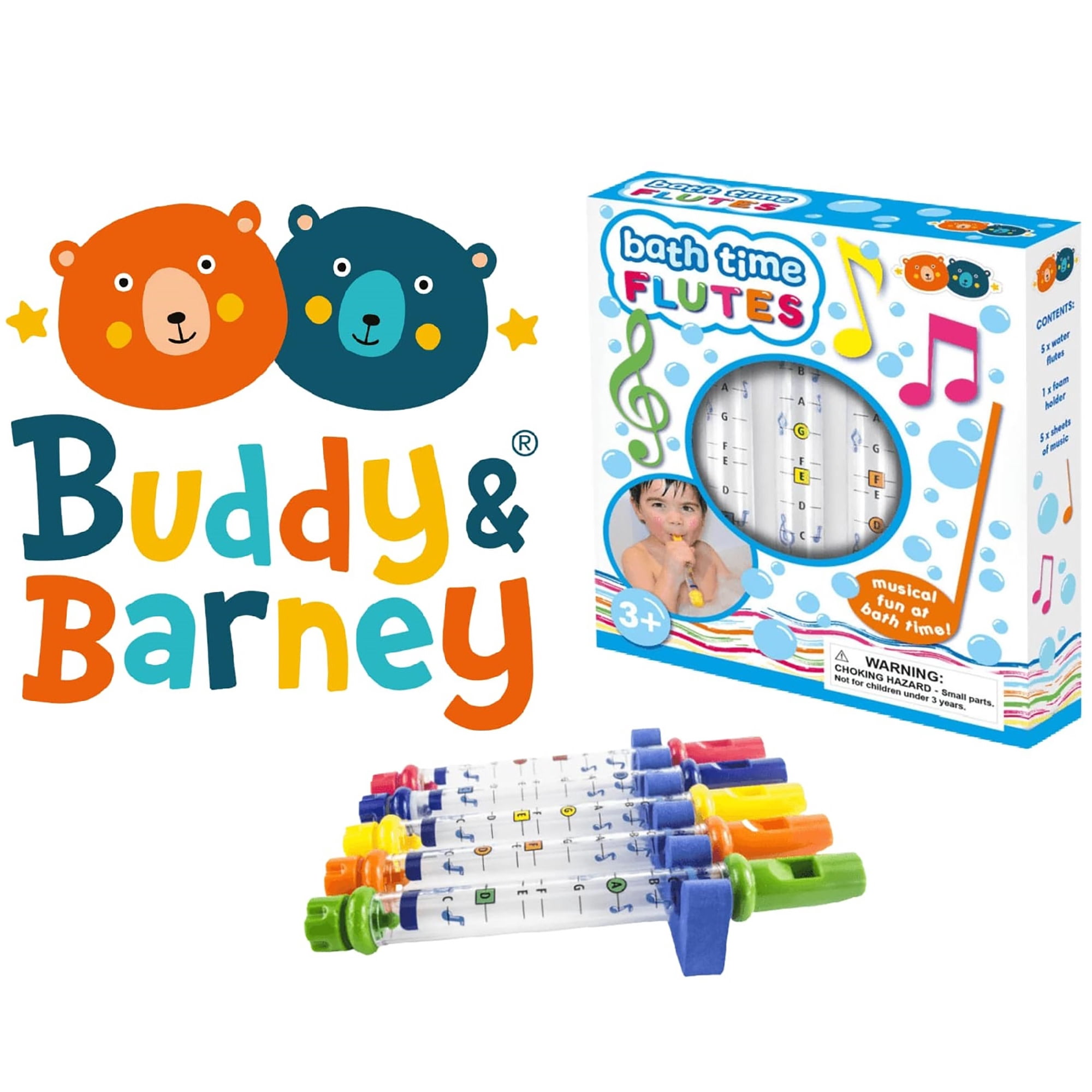Buddy & Barney: Bath Time Water Flutes - 5 Colorful Toy Musical Instruments, Nursery Rhyme Music Sheets & Foam Holder, Floating Water-Tub Play, Kid 3+