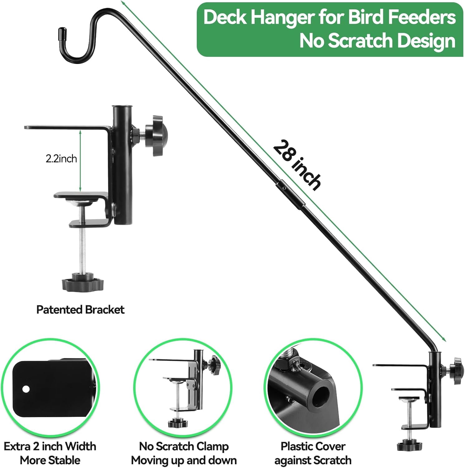 Deck Bird Feeder Hanger 28 inch, Heavy Duty Shepherds Hook for Railing & Fence, 360° Rotating Plant Bracket, Outdoor Metal Pole Hanging Hummingbird Feeder, Flower Baskets, Planter