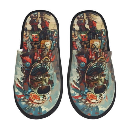 Balery Tribal Futuristic Warrior Slient Indoor Furry Fleece Comfort House Shoes Soft Non-Slip Home Shoes Cotton slippers House Slippers-- Medium