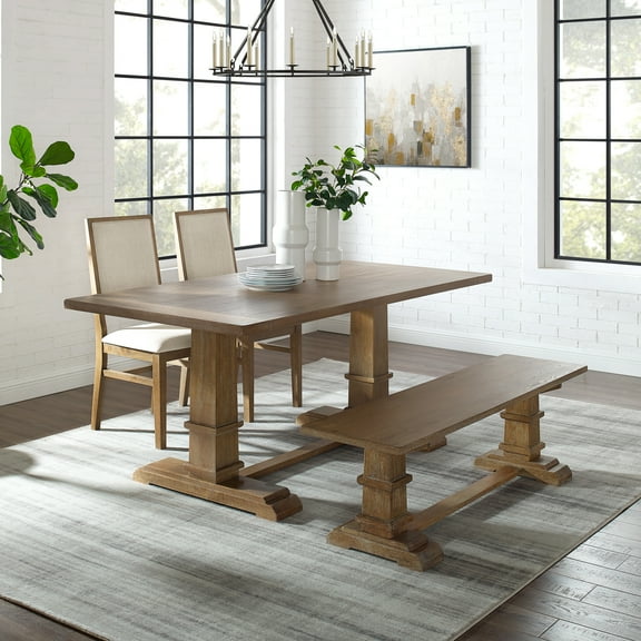 Farmhouse Dining Set - 4 Piece Table, Bench & Chairs - Rustic Brown - Modern Dining Room Furniture