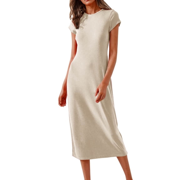 Misright Women's Short Sleeve T-Shirt Dress Neck Basic Casual Long Dresses