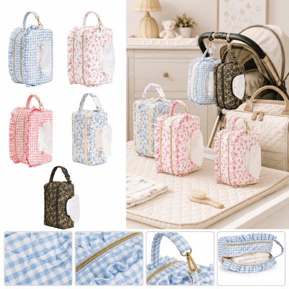 2-in-1 Double-Layer Wipe Holder Quilted Wipes Bag, Diaper Wipe Pouch with Separate Diaper Compartment, Stroller Hanging Wipes Holder, Floral Portable Organizer for Travel and On-The-Go Use, A