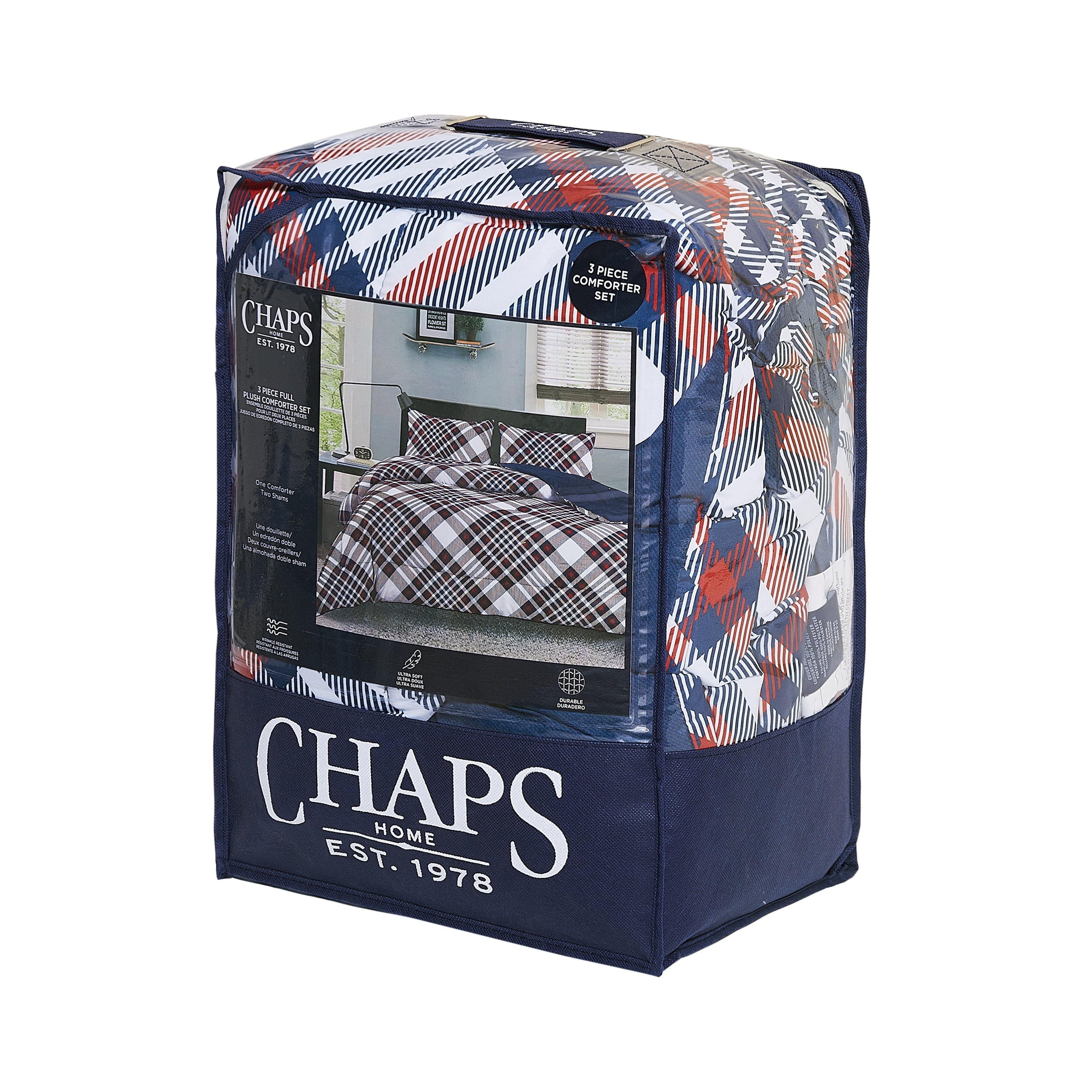 Chaps Kids 2-Piece Reversible Microfiber Comforter and Sham Bedding Set - Diagonal Plaid - Red/White - Size Twin
