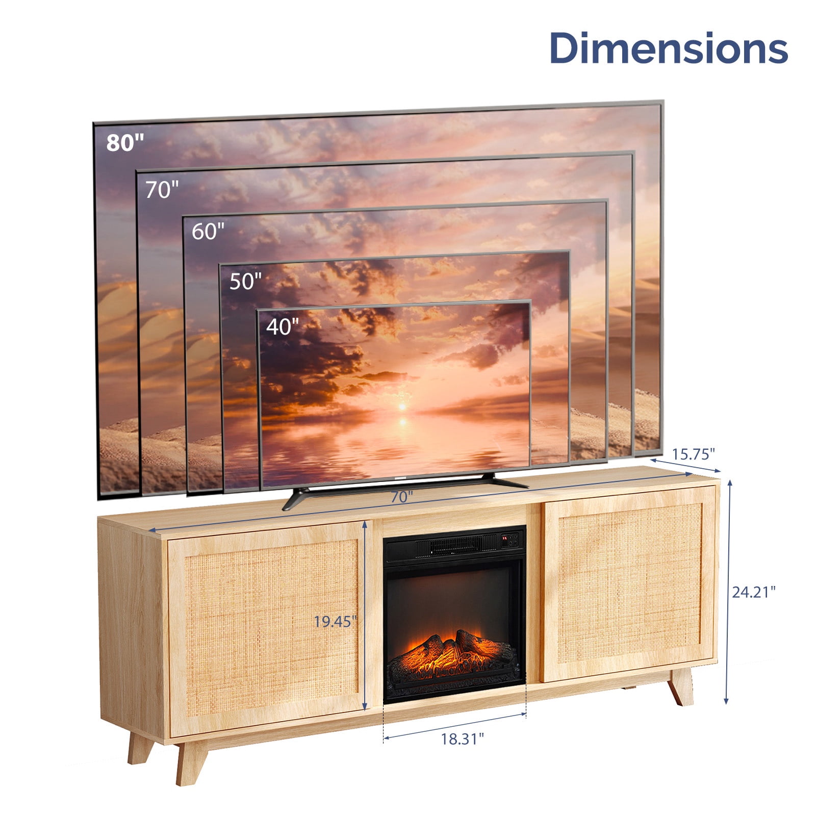 Paproos Fireplace TV Stand for TVs up to 80", 70’’ Modern Rattan TV Console with 19" Electric Fireplace, Entertainment Center with Rattan Doors, Media Console Table for Living Room, Oak