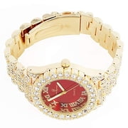Charles Raymond blinged Out Mens Silver Big Rocks Hip Hop with Roman Numerals Fully Iced Out Colorful Dial Watch - ST10327 RN Single (Gold Blood Red)