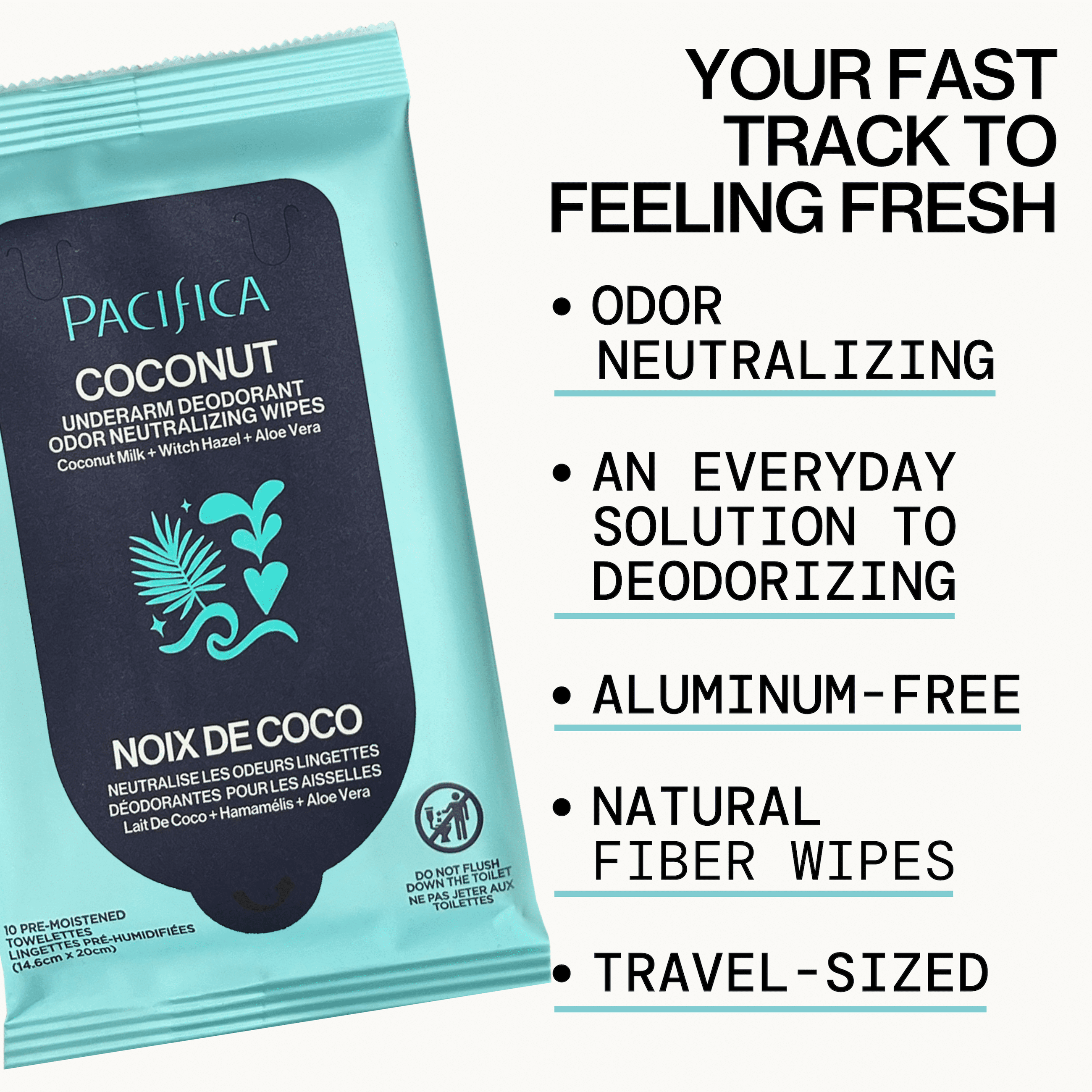 Pacifica Coconut Underarm Deodorant Odor Neutralizing Wipes 10 Count