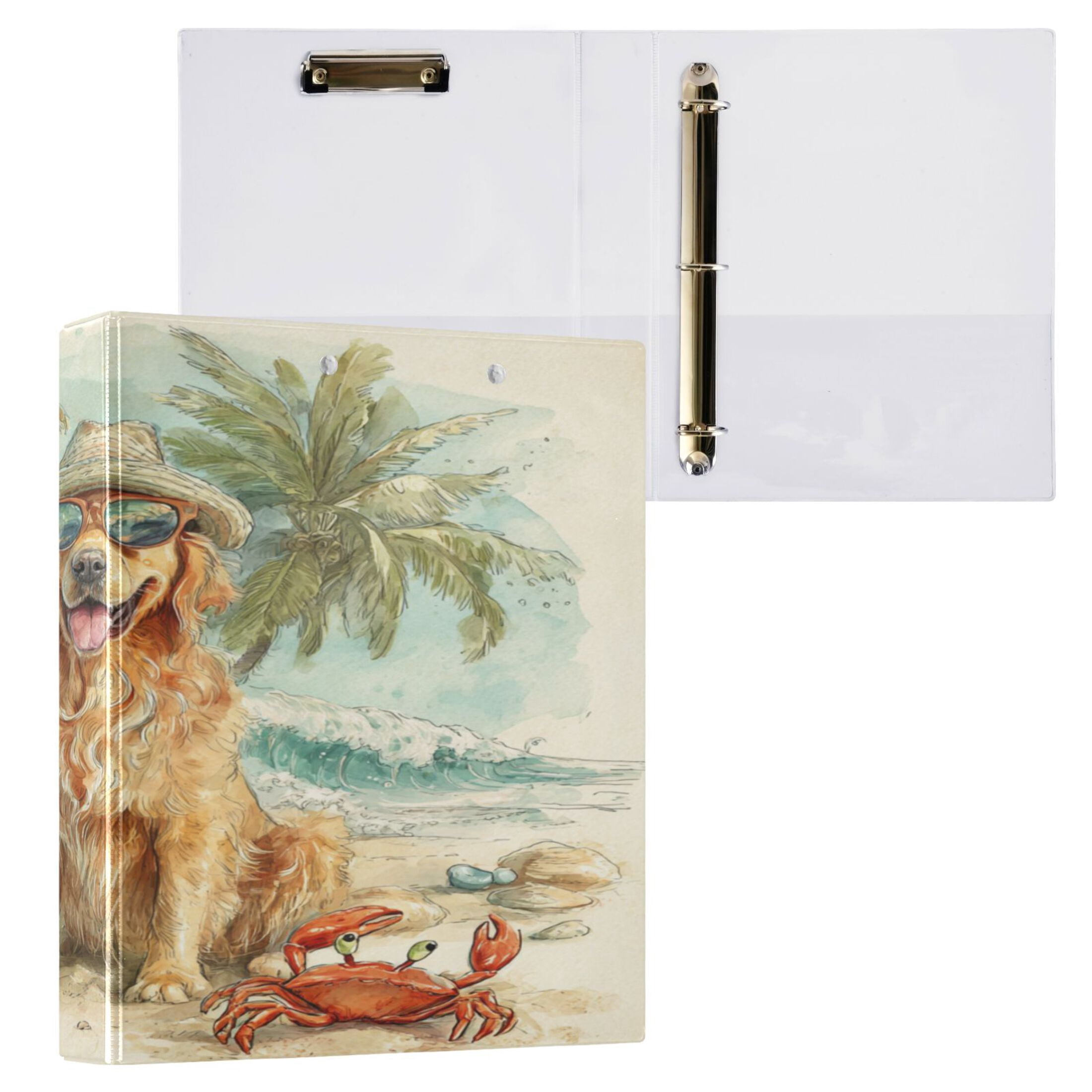 WOBOGO Summer Golden Retriever File Folders Extra Large Capacity to Hold 200 Sheets of Documents Hard Shell Ring Binder for School Home Office