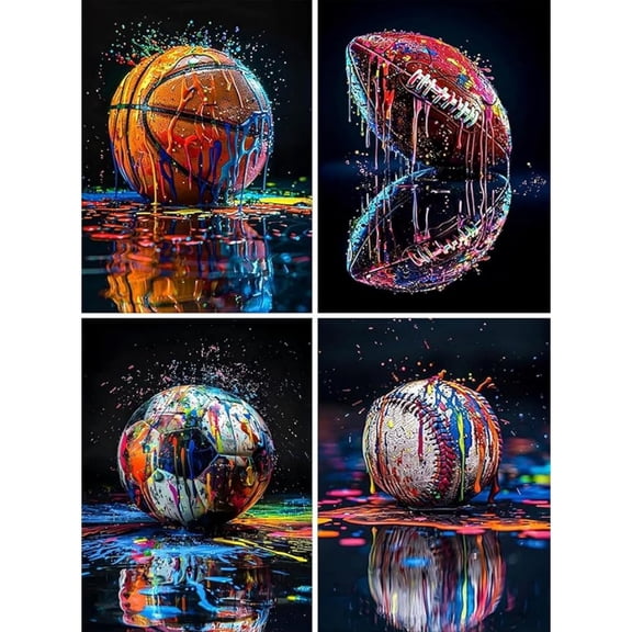 4 Pack Graffiti Style Sports Ball Diamond Painting Kit, Basketball Football Soccer Baseball Art