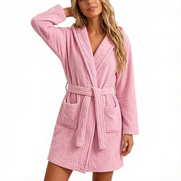 Women's Hooded Robes Lightwieght Long Sleeve Midi Length Bathrobe Plush Sleep Shower Spa House Robe for Women Pink S