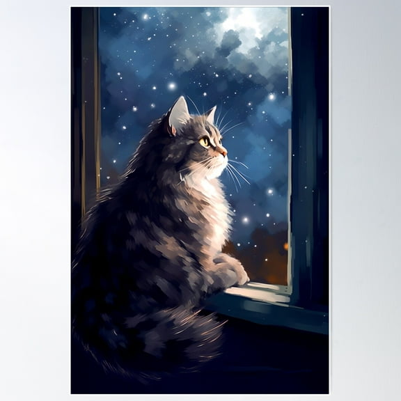 Fluffy Grey Cat In A Windowsill Poster Wall Art, Modern Wall Decor For Living Room Bedroom, 8x12 UNFRAMED