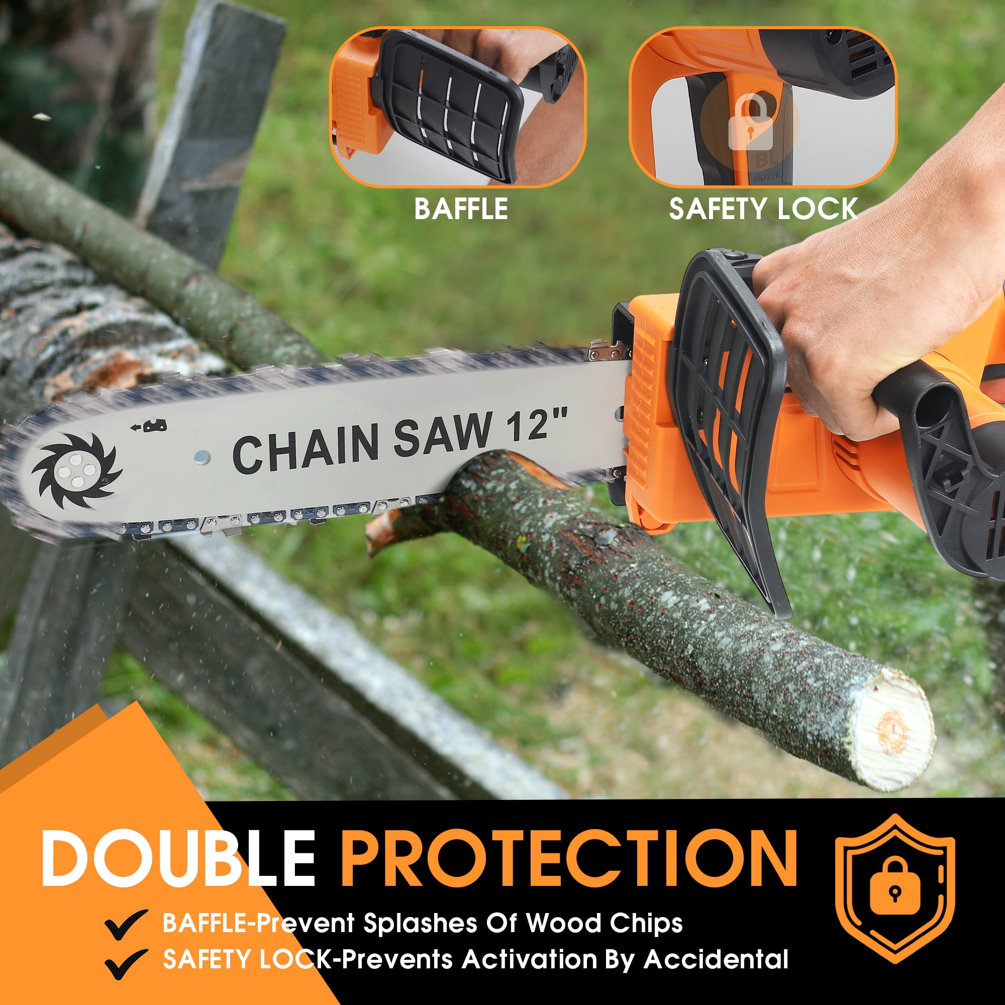 iFanze 12 inch Chainsaw Cordless, Handheld Electric Chain Saw Power Chainsaws with 2 Battery for Wood Cutting Tree Trimming, Orange