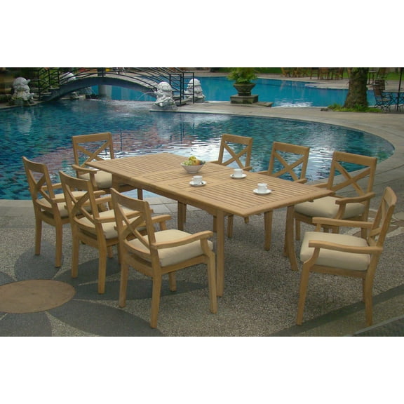 Teak Dining Set:8 Seater 9 Pc - 94" Rectangle Table And 8 Granada Stacking Arm Chairs Outdoor Patio Grade-A Teak Wood WholesaleTeak #WMDSGR5