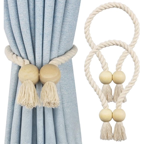 Cotton Magnetic Curtain Tiebacks 2 Pack, Hand Woven Rope Holdbacks for Window Drapes, No Tools Decorative Drape Tie Backs for Home Patio, Beige