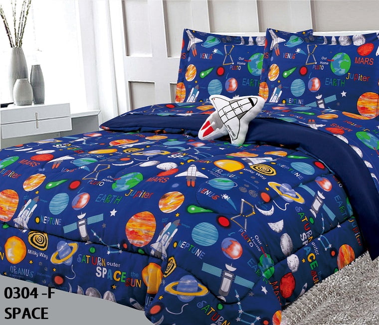 Golden Linens Multicolor Navy Blue Solar System Space Ships Rockets Universe Galaxy Stars Full Size Comforter Set For Boys Kids Bed In A Bag With Sheet Set Decorative Toy Pillow