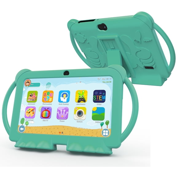 Kids Tablet 7 inch, Android Toddler Tablets with Shockproof Case, Tablet for Kids 4GB 32GB 1TB Expand 1024x600 IPS HD Touchscree, Quad-Core Processor with WiFi Bluetooth Dual Camera, Green