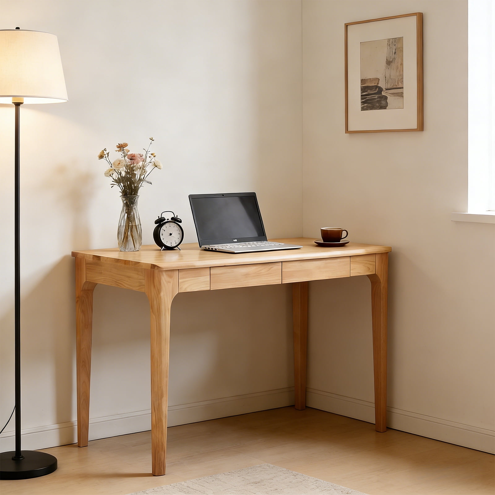 Solid Wood Desk with Drawers, Standing Desk with Smooth Edges, Home Office Desk for Small Spaces, Mid Century Modern Desk for Study, Bedroom, Living Room, Office