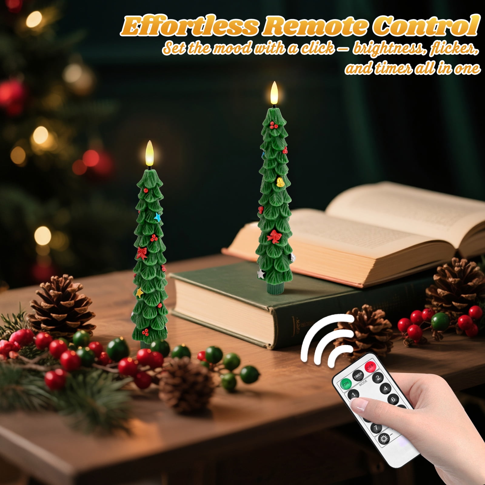 Christmas Tree Flameless Candles with Remote and Timer, Real Wax Battery Operated 3D Wick LED Taper Candles Flameless Flickering Candles for Christmas Holiday Decor(4 PCS)