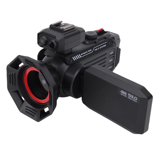 video de cámara vidulle, hd 4k 53mp 50x zoom digital auto focus vlogging digital vlogging camera para youtube con interfaz de zapatos calientes externos, pantalla de 3 pulgadas, cámara digital negra 4K vista 3/4 frontal con pantalla LCD abatible de 3 pulgadas abierta, lente AF con anillo interior rojo, montura de zapata en el cuerpo y empuñadura lateral; texto impreso "4K 53.0 megapixels" visible. Es apta para vlogs y grabación 4K con zoom 50x y conectividad WiFi según especificaciones; a menudo usada también como cámara compacta para streaming y creación de contenido.