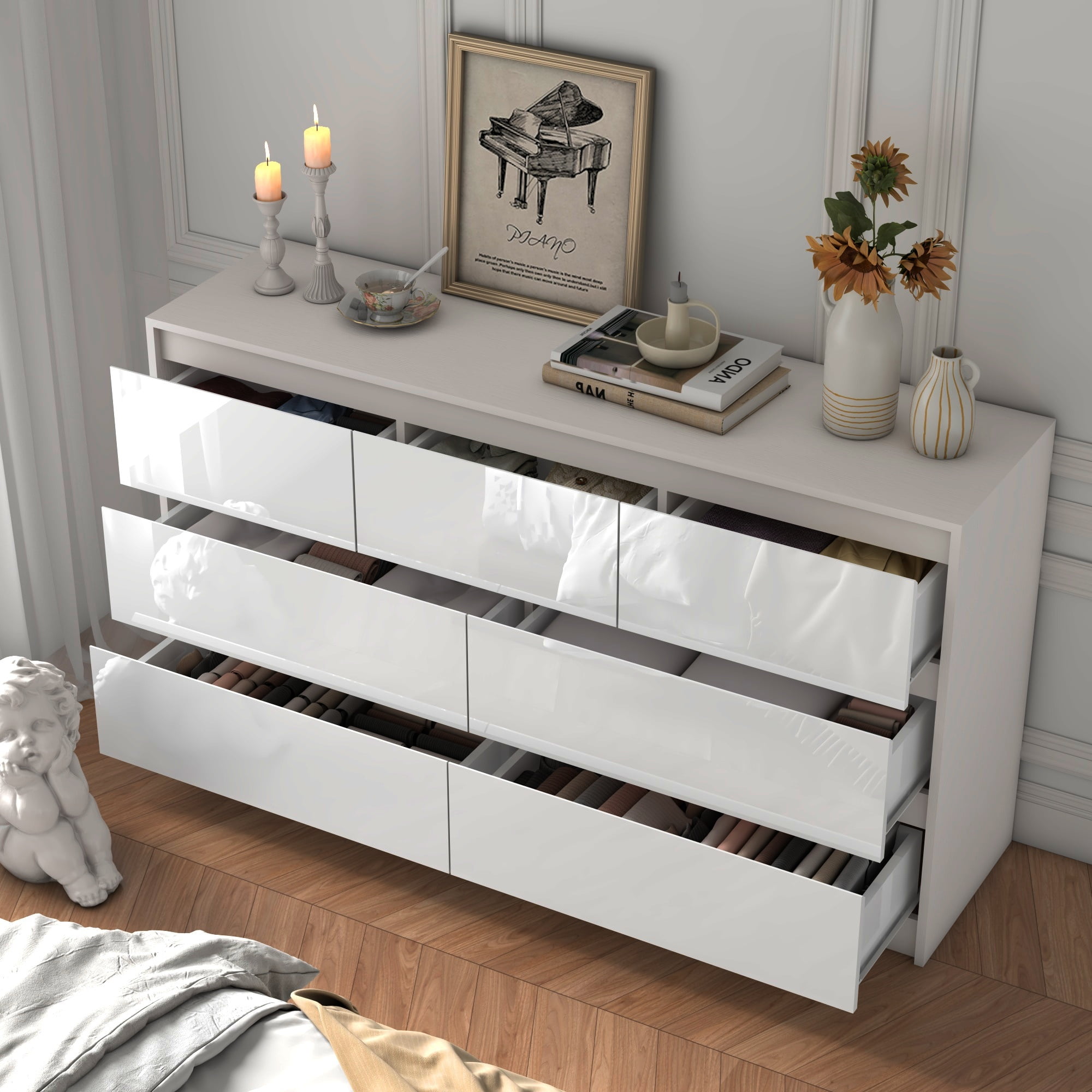 ChVans 7 Drawer Dresser for Bedroom, 55" Modern High Gloss White Dresser with Wood Chest of Drawer Handle Free, Long Dresser for Bedroom, Living Room, Entryway, Hallway