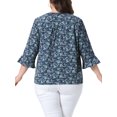 thumbnail image 3 of Agnes Orinda Women's Plus Size Pleated V Neck 3/4 Sleeves Floral Blouse 4X Dark Blue, 3 of 6