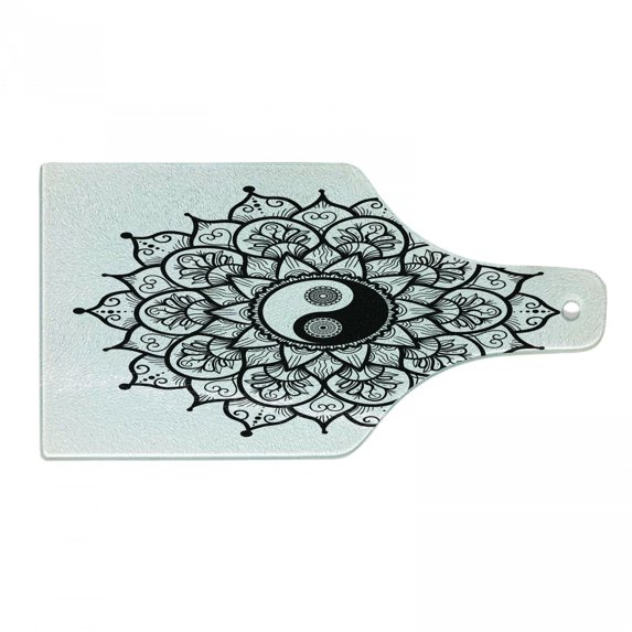 Ying Yang Cutting Board, Retro Floral Yin Yang Design with Mandala Patterns Paisley Leaves Petals Boho, Tempered Glass Cutting and Serving Board, Wine Bottle Shape, Black White, by Ambesonne