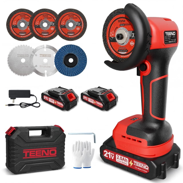 Esmeriladora angular inalámbrica TEENO 21V mini de 3" con kit 2 baterías de 2.0Ah