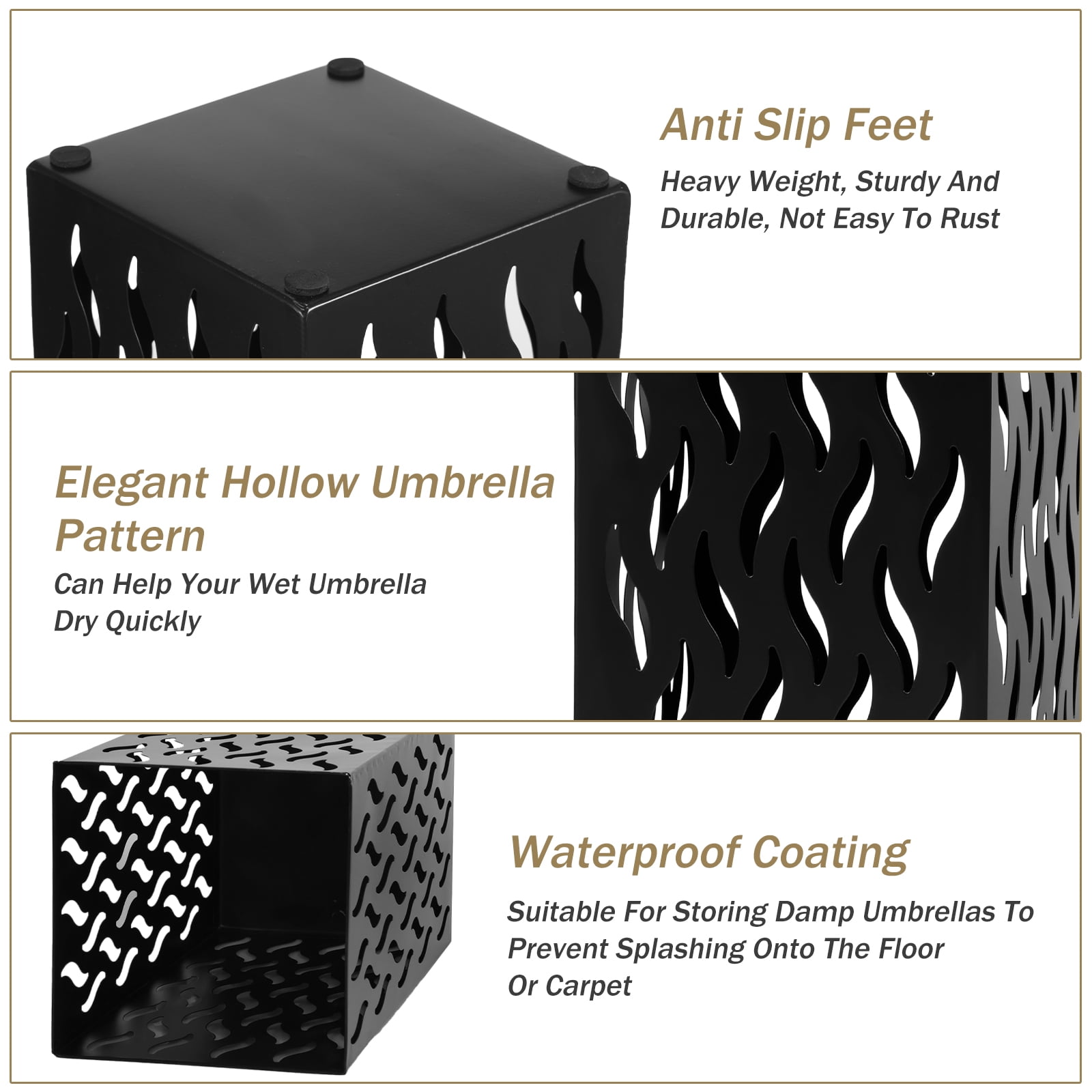Wekvgz Metal Umbrella Indoor Holder Entryway Hollowed Square Decorative Umbrella Racks and Stands Freestanding Storage Organizer (6.5*6.5*16.5in)