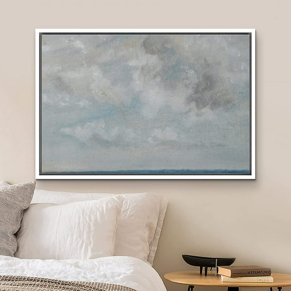 PixonSign Framed Canvas Print Wall Art Pastel Blue Gray Watercolor Cloudy Sky Abstract Shapes Illustrations Modern Art Decorative Minimal Relax/Calm for Living Room, Bedroom, Office - 16"x24" White