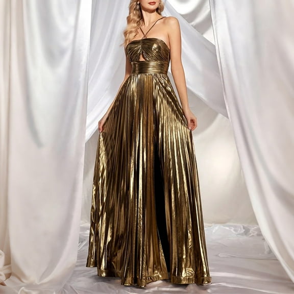 Ovbmpzd Dresses Women Sleeveless Maxi Gold Wedding Guest Dress Long Dresses 1930s Dresses for Women L