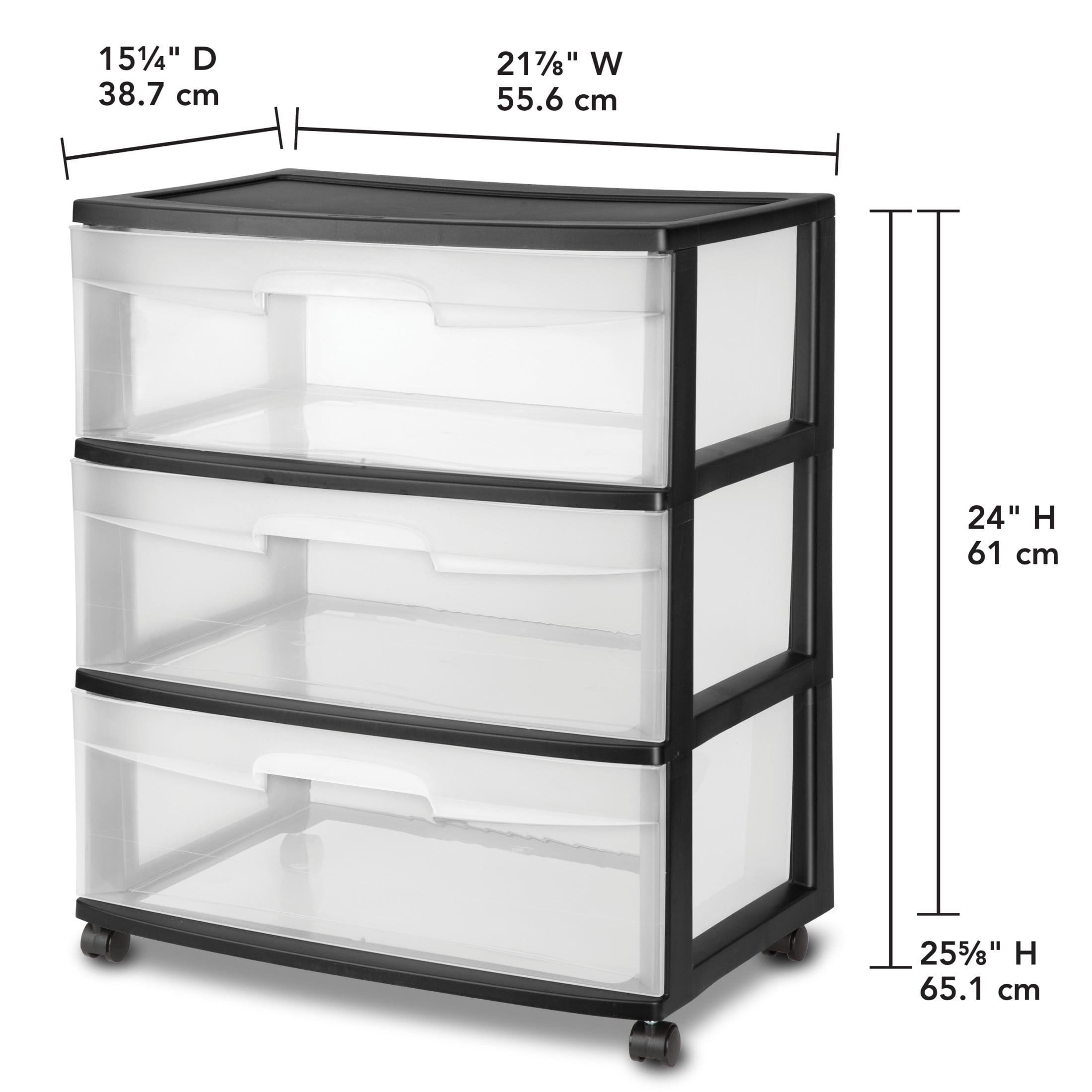 Sterilite 3 Drawer Wide Cart, Clear Plastic Storage Drawers, Wheels Included, Black