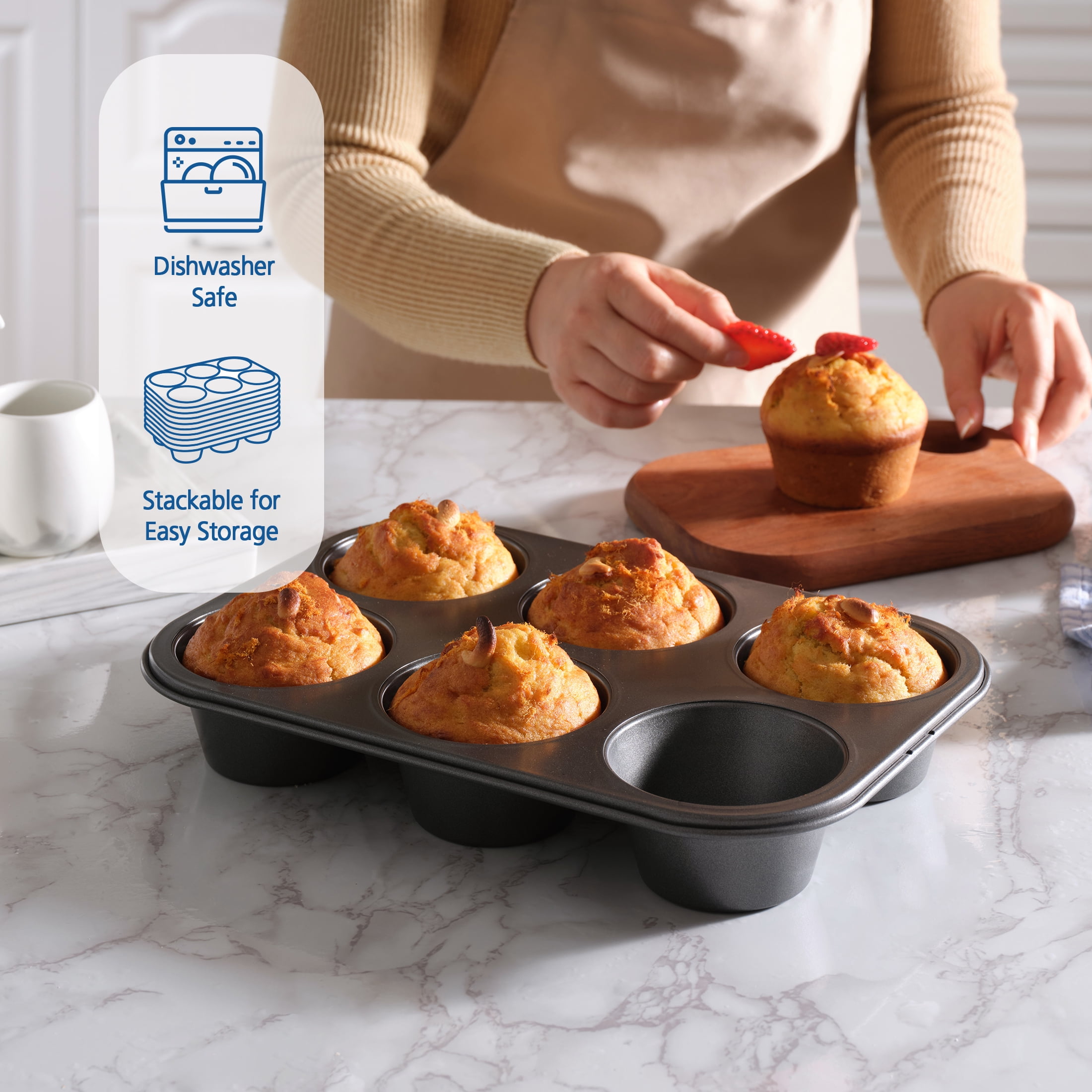 (3 pack) Mainstays 6 Cup Jumbo Muffin Pan, Non-Stick Bakeware,3.4 inch Diameter Cups,Gray,Carbon Steel