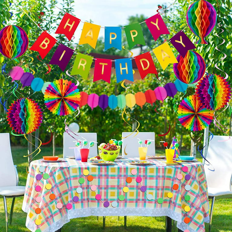 Happy Birthday Banner, Honeycomb Balls Reusable Tissue Flower Birthday  Decoration Party Supplies Hanging Garland 12 Swirl Streamers , Colorful 