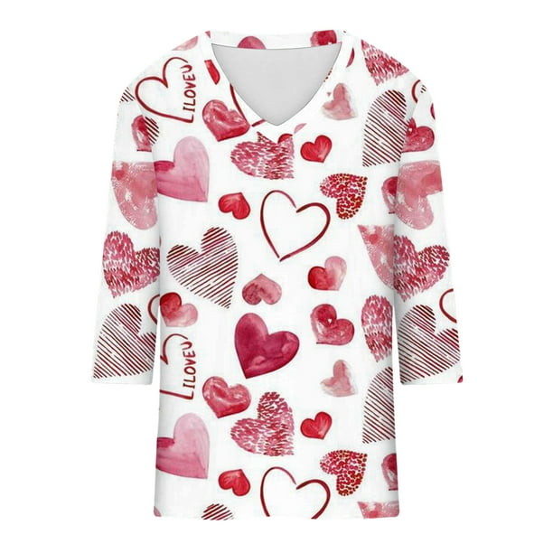 Women's Valentines Day Shirts Love Heart Print 3/4 Sleeve T Shirt